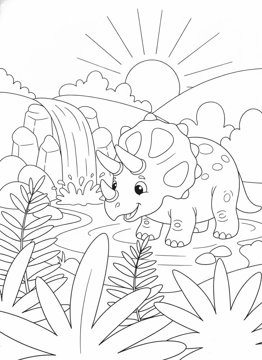 Friendly Triceratops Coloring Page — free printable black-and-white coloring page