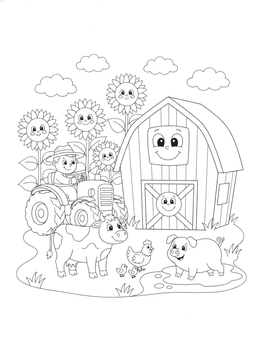 Happy Farm Scene Coloring Page — free printable black-and-white coloring page
