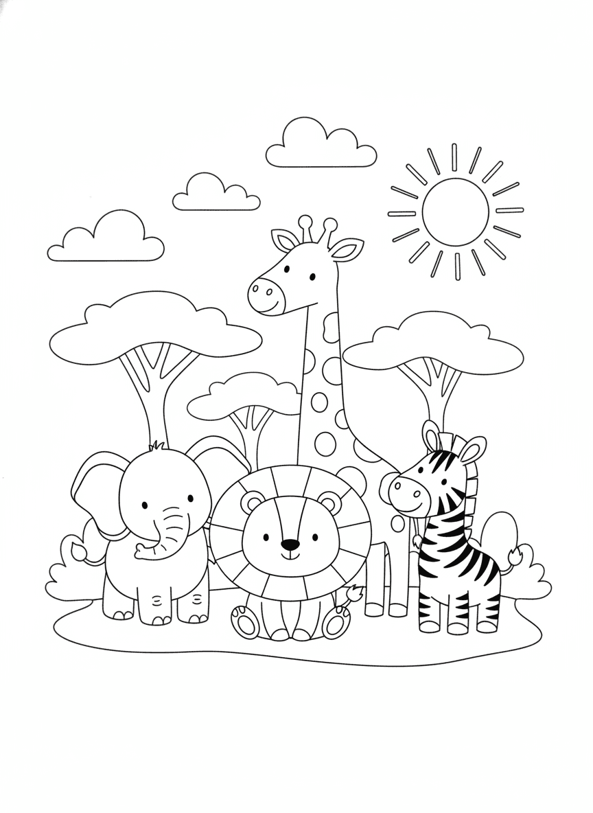 Fun Safari Animals Coloring Page — free printable black-and-white coloring page