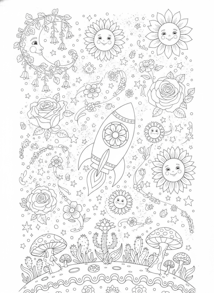 Floral Patterns Space Coloring Page — free printable black-and-white coloring page
