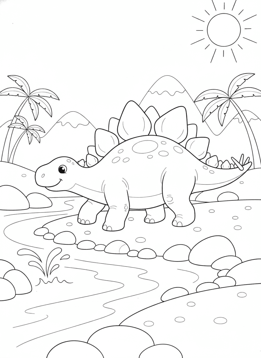 Stegosaurus Riverbank Coloring Page — free printable black-and-white coloring page
