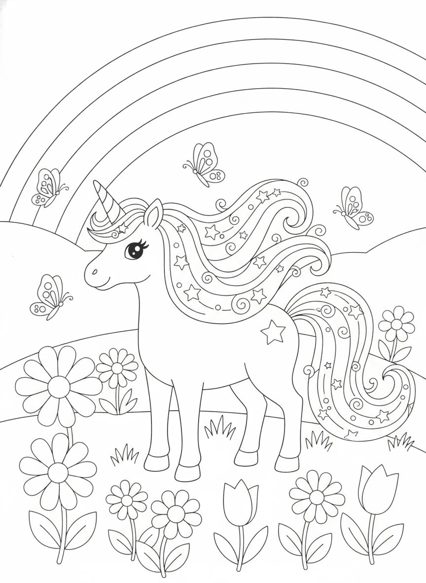 Magical Unicorn Coloring Page — free printable black-and-white coloring page