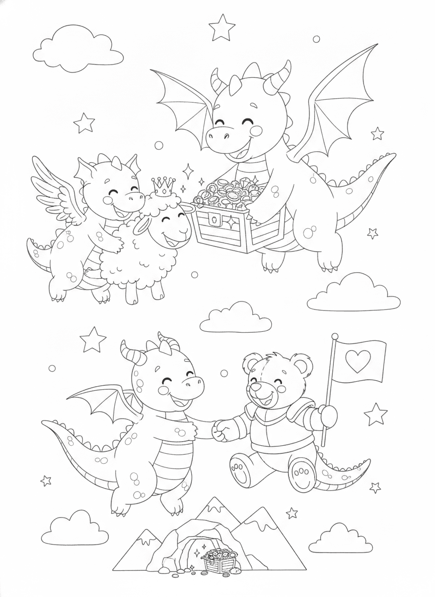 Cute Dragons Coloring Page — free printable black-and-white coloring page