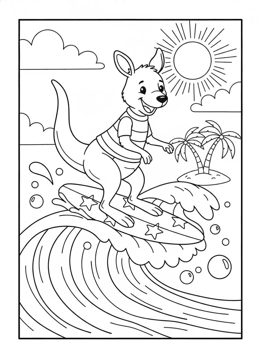 Surfing Kangaroo Coloring Page — free printable black-and-white coloring page