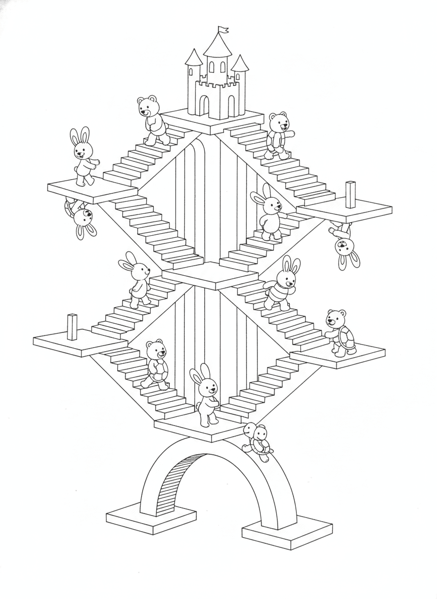 Intricate Mc Escher Style Coloring Page — free printable black-and-white coloring page