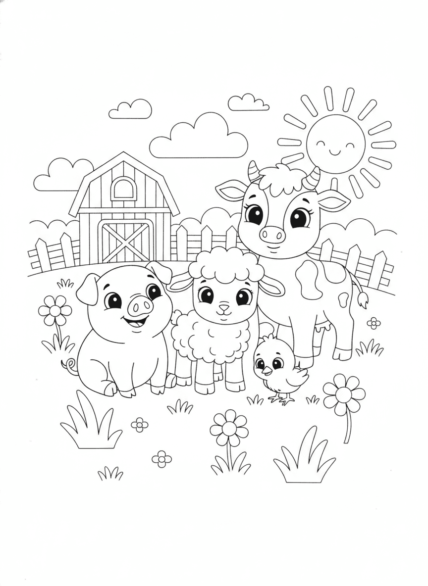 Cute Baby Farm Animals Coloring Page