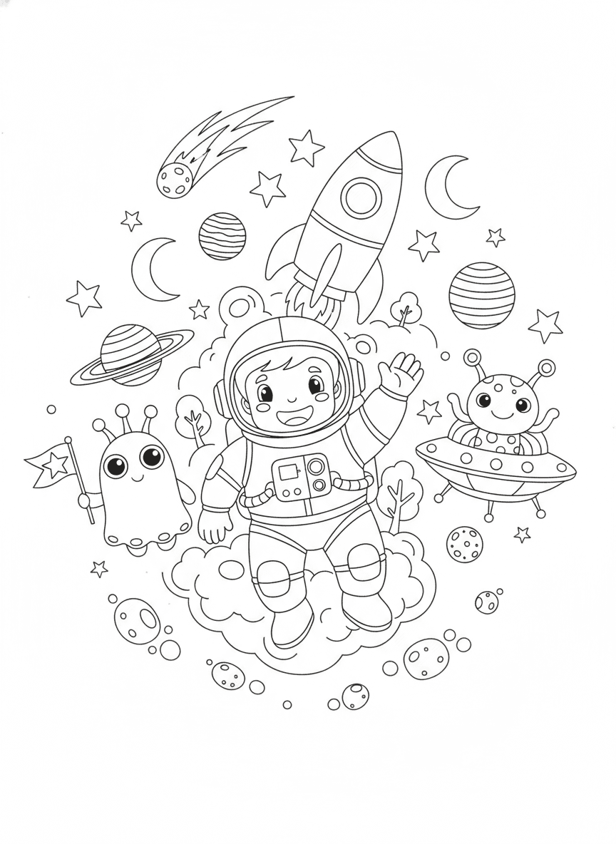 Super Cute Space Adventure Coloring Page