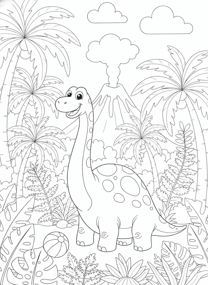 Friendly Dinosaur Coloring Page — free printable black-and-white coloring page