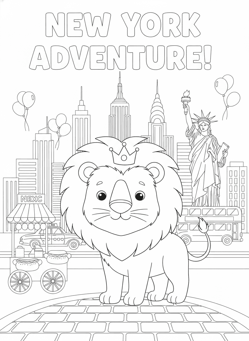 Lion in New York City Coloring Page — free printable black-and-white coloring page