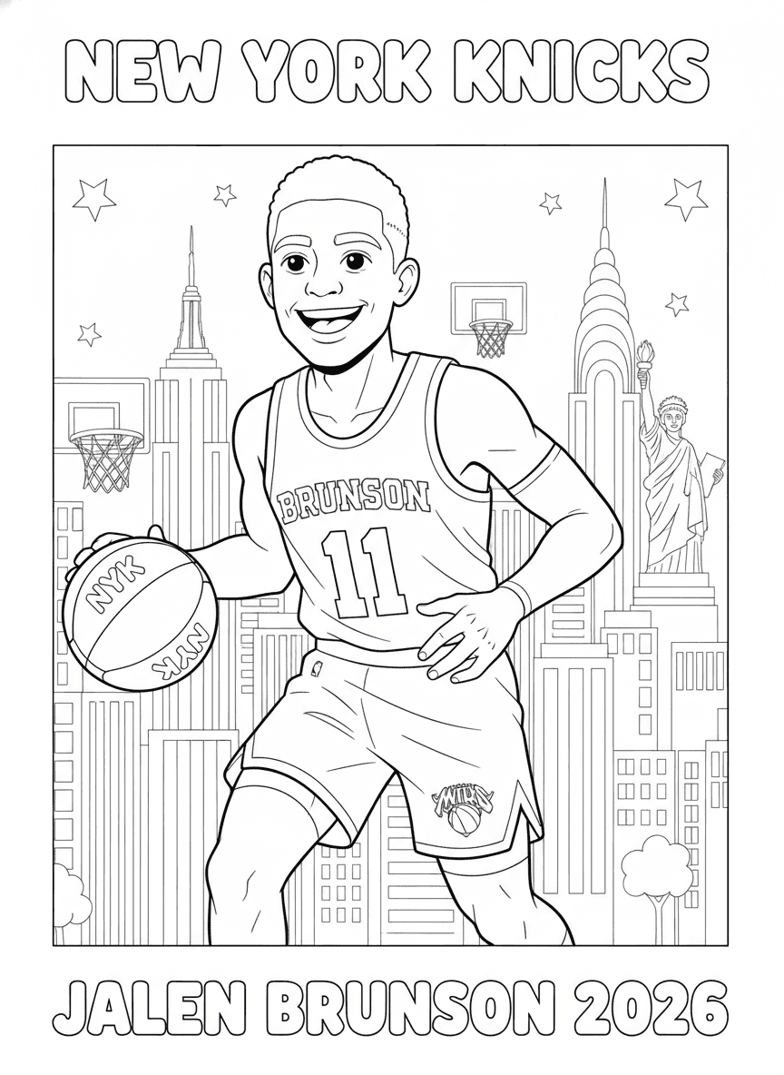 Jalen Brunson Knicks Coloring Page — free printable black-and-white coloring page