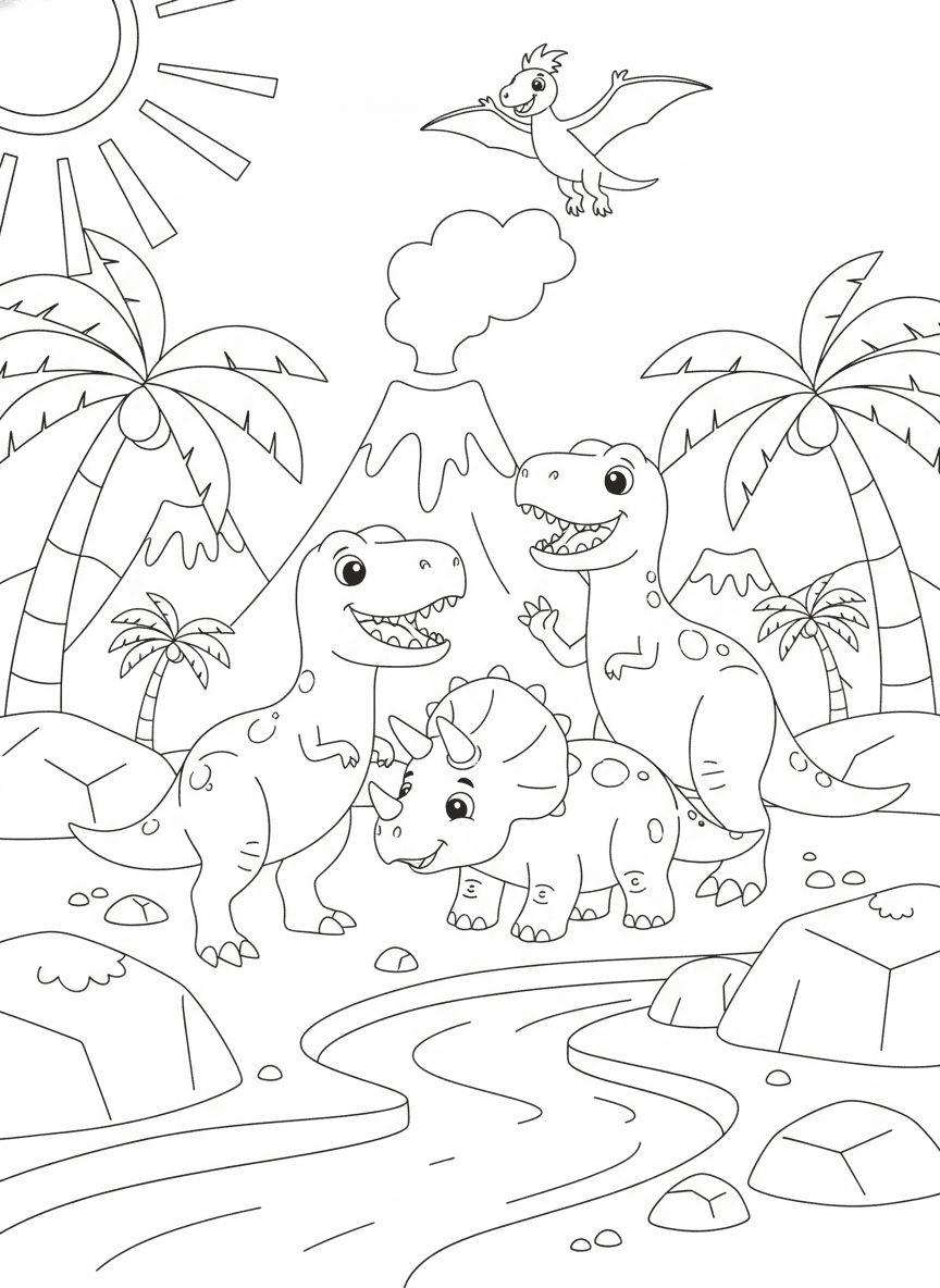 Friendly Dinosaurs Coloring Page — free printable black-and-white coloring page
