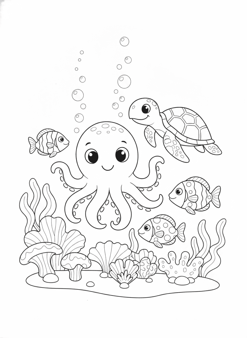 Friendly Octopus Coloring Page — free printable black-and-white coloring page