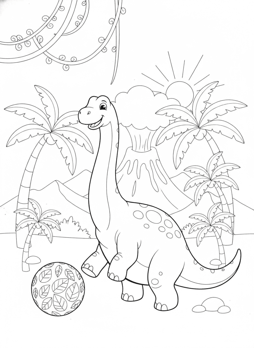 Friendly Dinosaur Jungle Coloring Page — free printable black-and-white coloring page