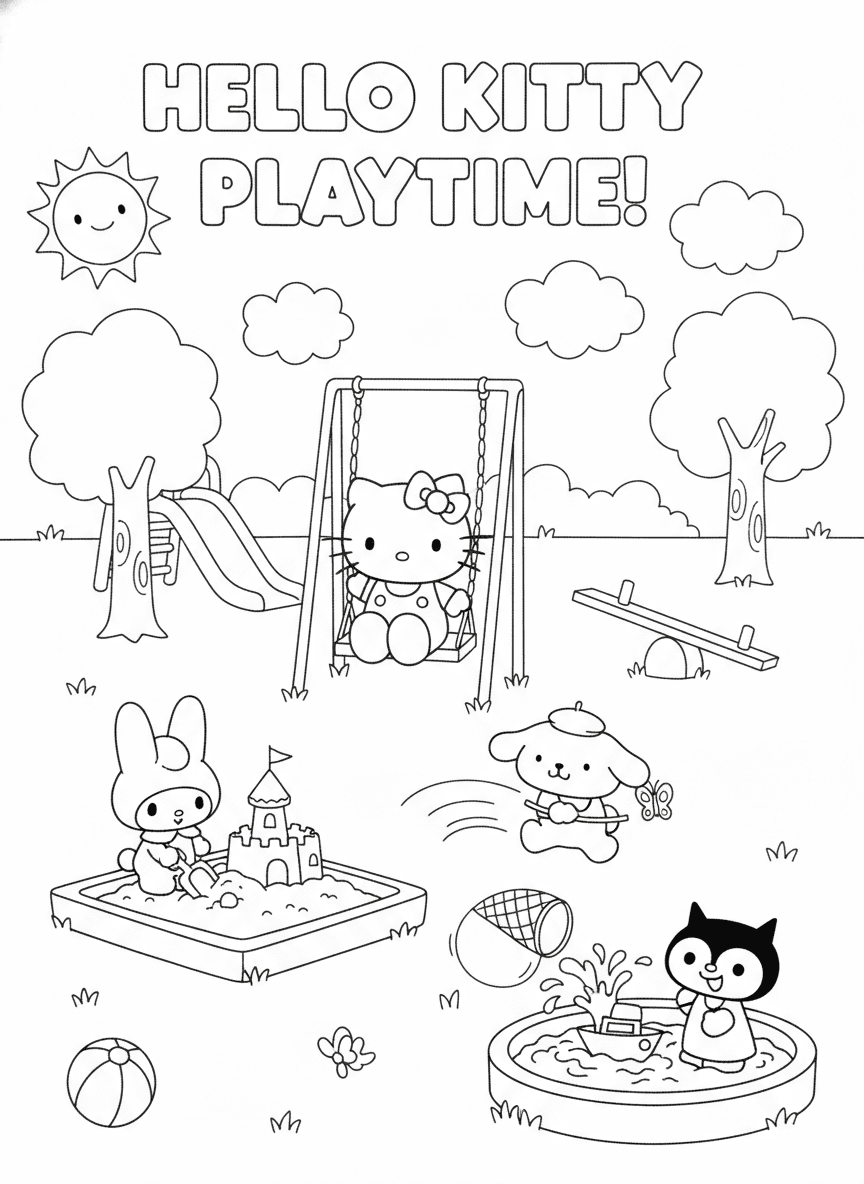 Hello Kitty Play Coloring Page — free printable black-and-white coloring page