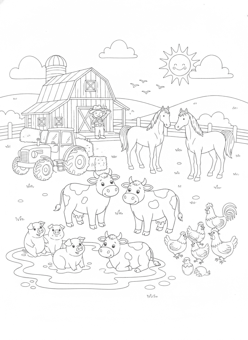 Charming Farm Animals Coloring Page — free printable black-and-white coloring page