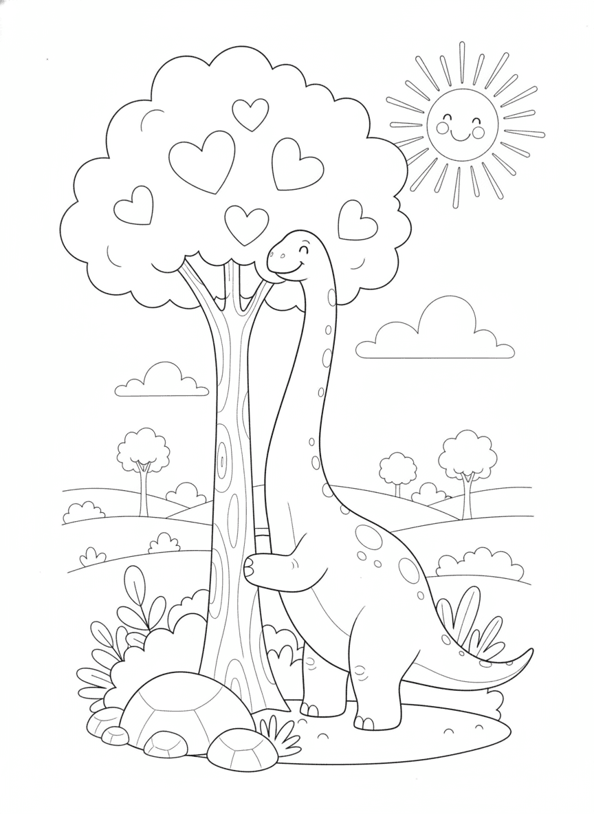 Brachiosaurus Reaching Leaves Coloring Page — free printable black-and-white coloring page