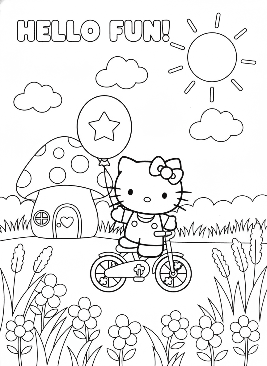 Hello Kitty Kids Coloring Page — free printable black-and-white coloring page