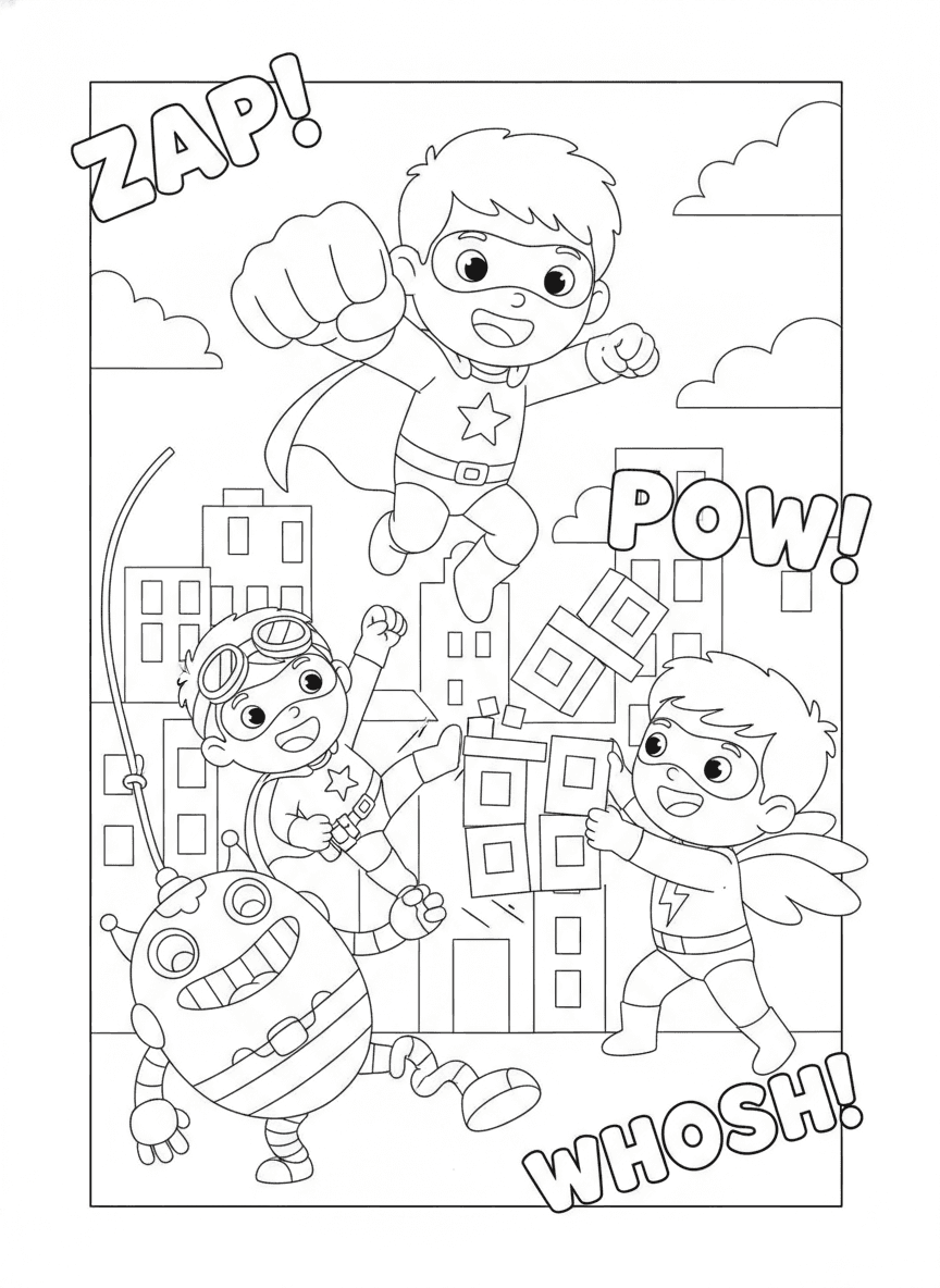 Brave Superheroes Coloring Page — free printable black-and-white coloring page