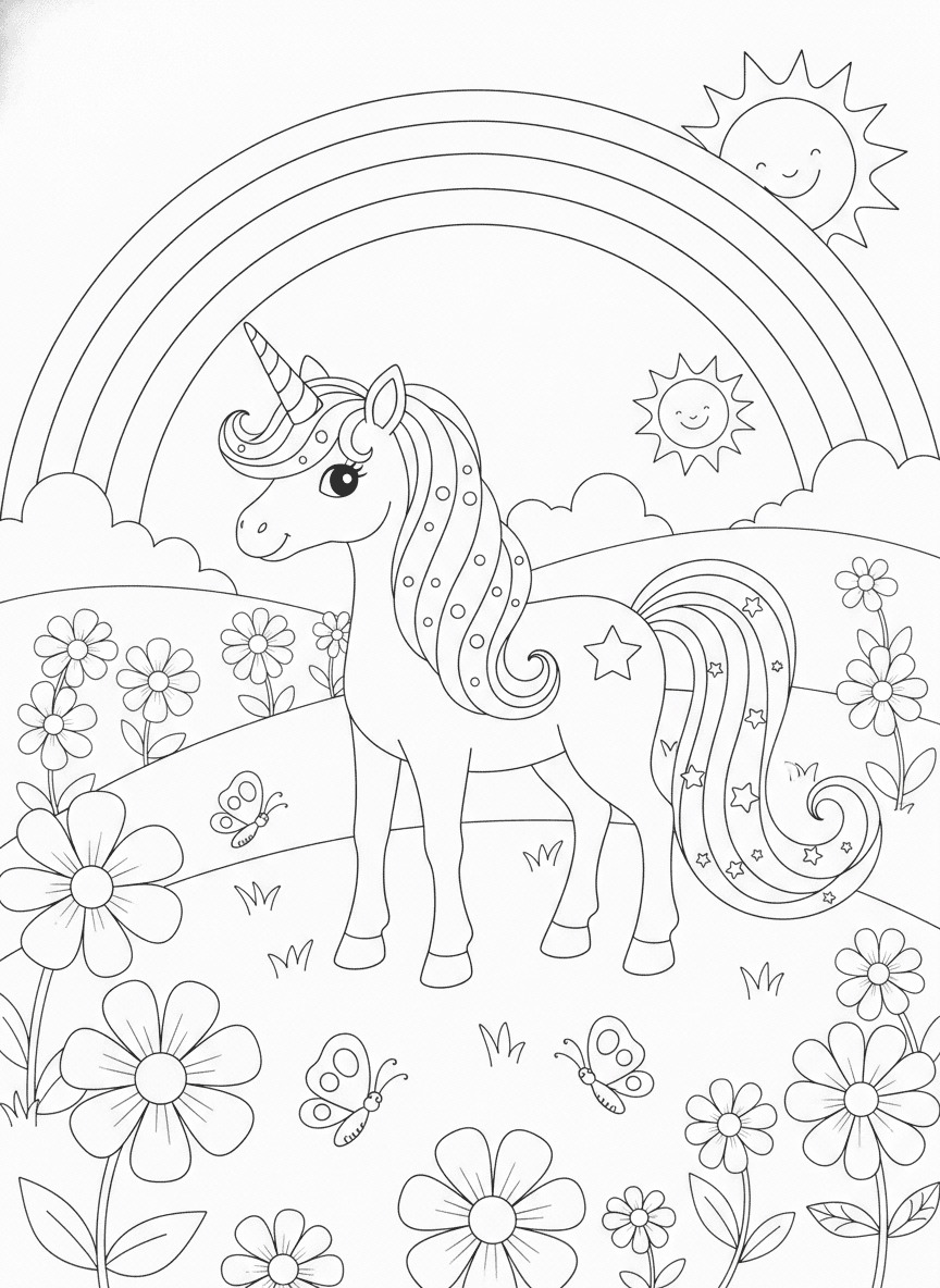 Magical Unicorn Coloring Page — free printable black-and-white coloring page