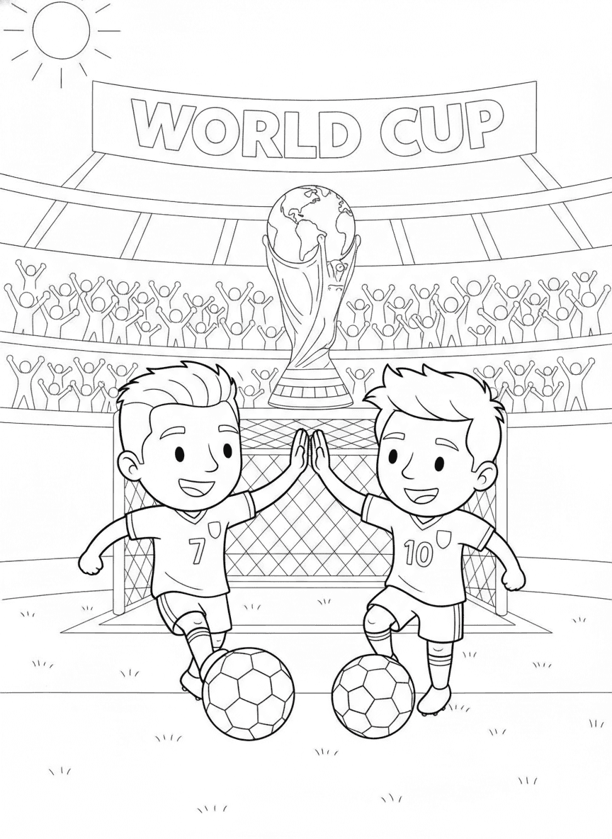 Ronaldo and Messi World Cup Coloring Page — free printable black-and-white coloring page