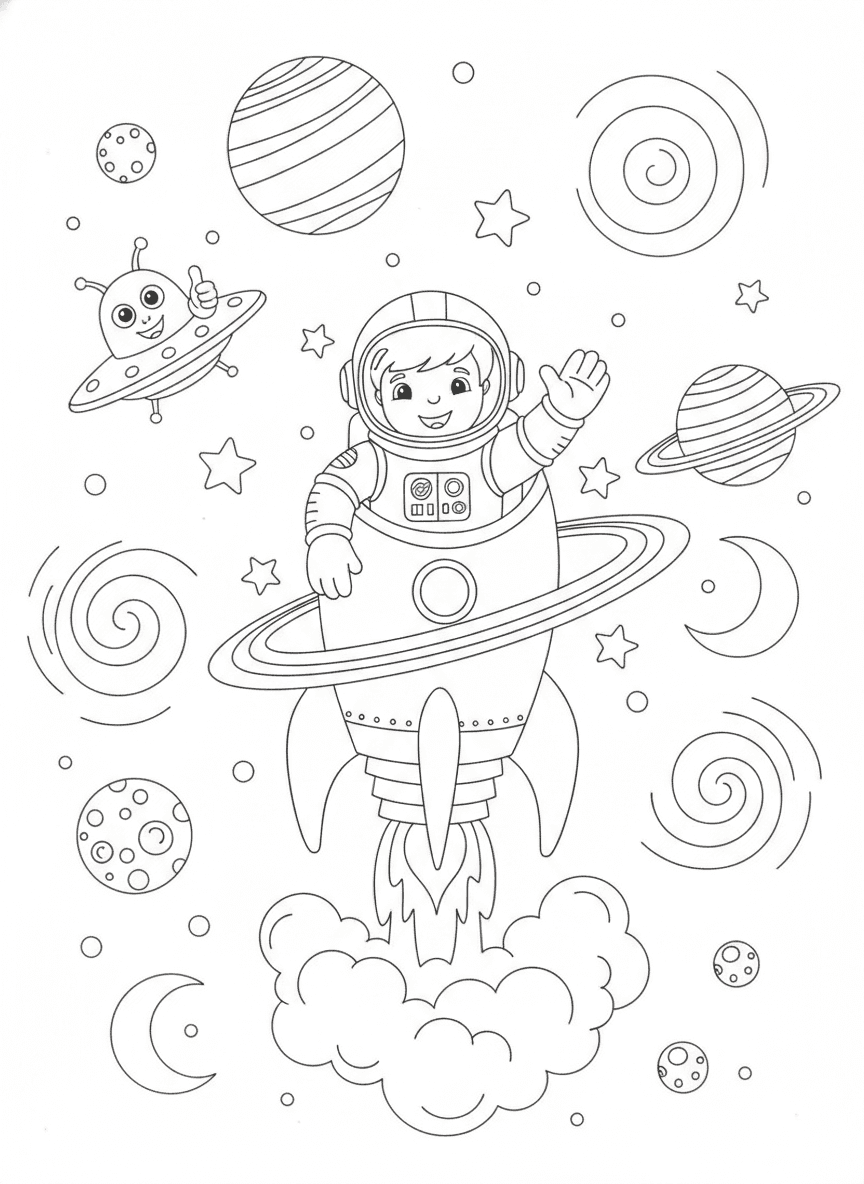 Galactic Adventure Coloring Page — free printable black-and-white coloring page