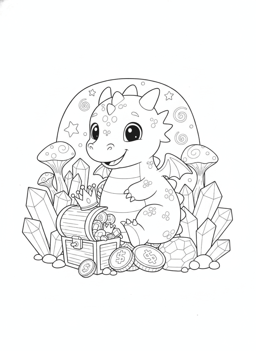 Baby Dragon Magical Cave Coloring Page — free printable black-and-white coloring page
