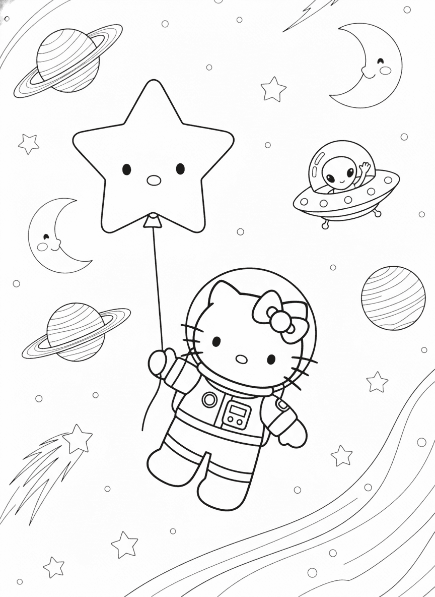 Hello Kitty Space Coloring Page — free printable black-and-white coloring page