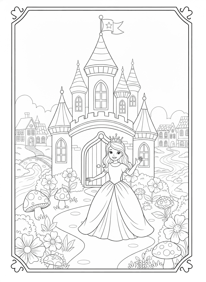 Princess at Fairy Tale Castle Coloring Page — free printable black-and-white coloring page
