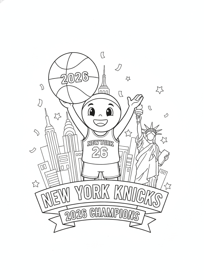 New York Knicks 2026 Champions Coloring Page — free printable black-and-white coloring page