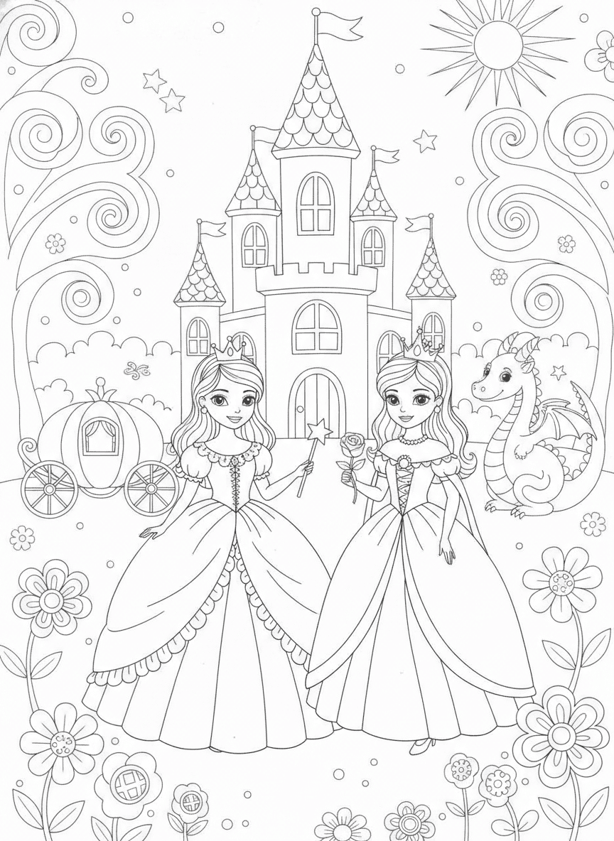 Magical Princess Coloring Page — free printable black-and-white coloring page