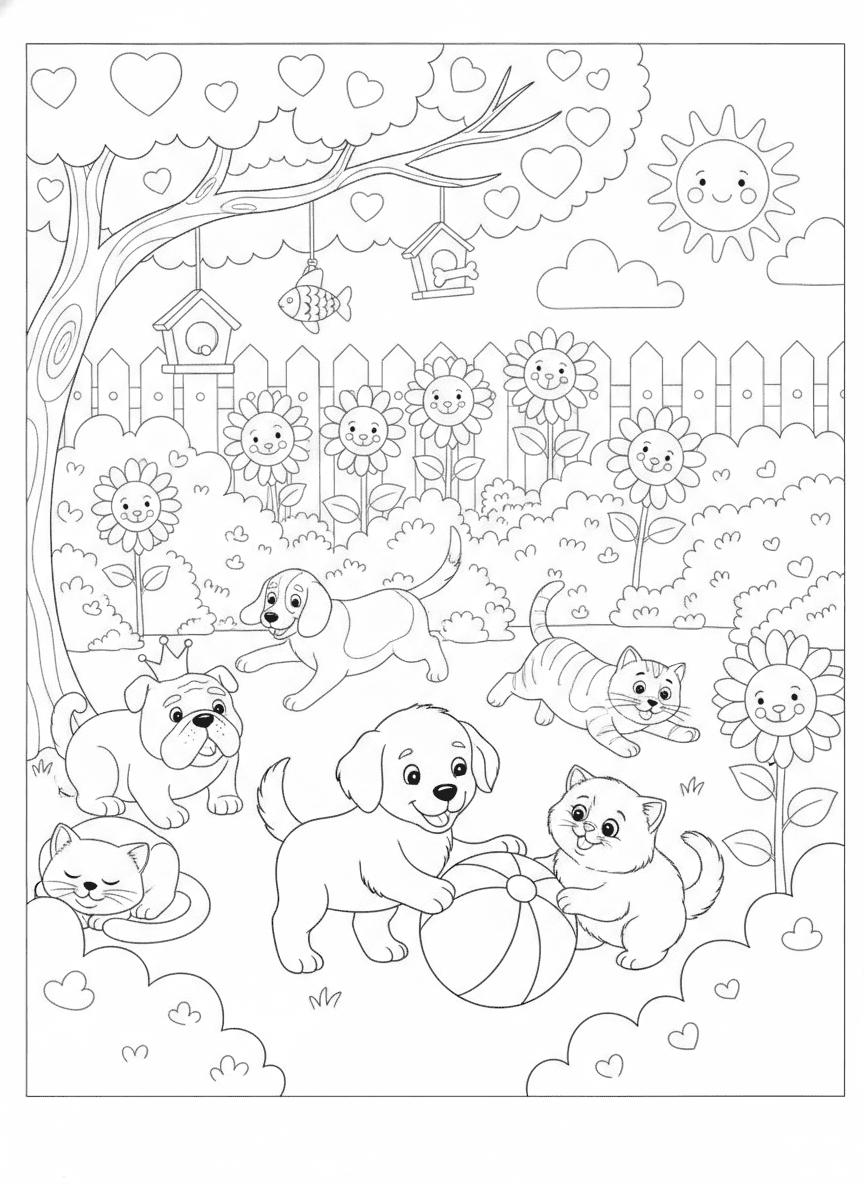 Cute Dogs and Cats Coloring Page — free printable black-and-white coloring page