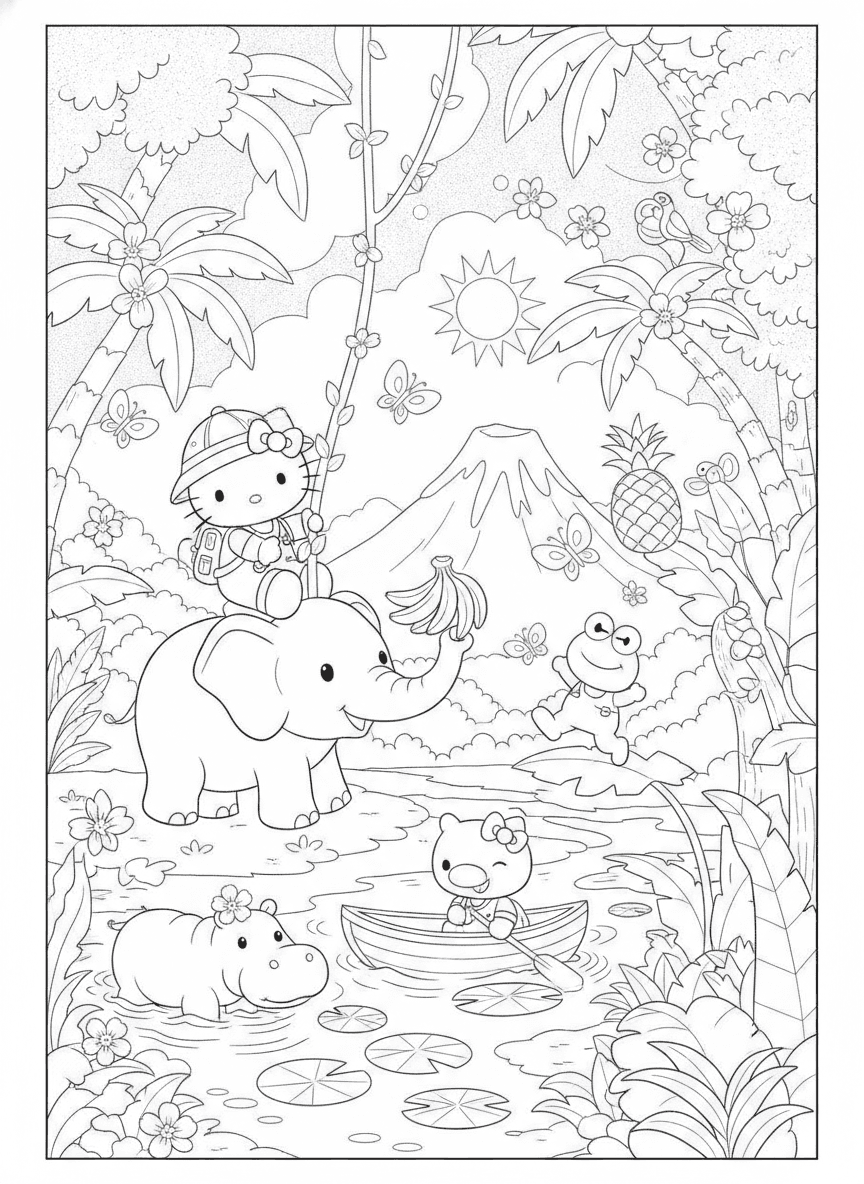 Hello Kitty Jungle Coloring Page — free printable black-and-white coloring page
