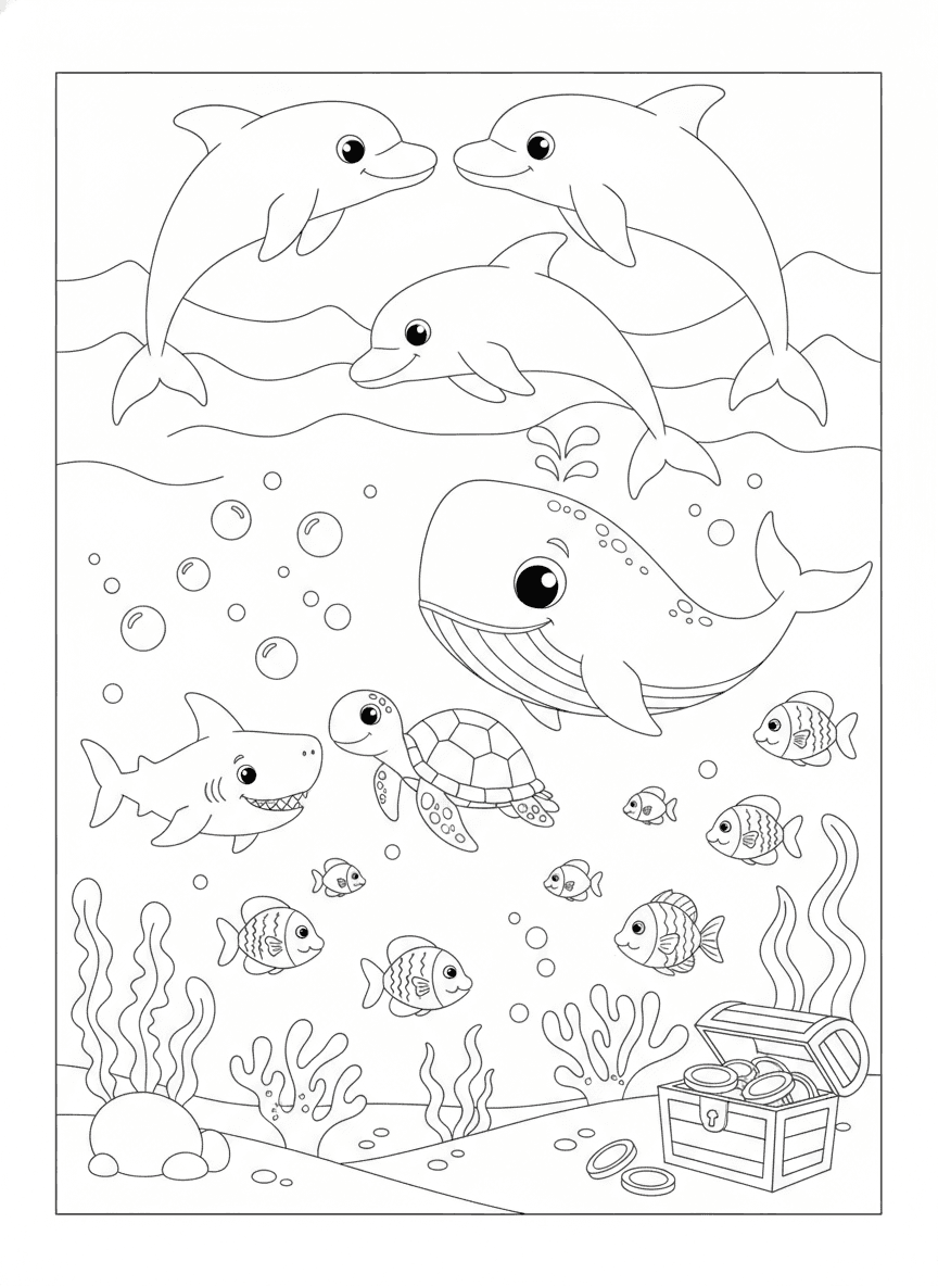 Ocean Animals Coloring Page — free printable black-and-white coloring page