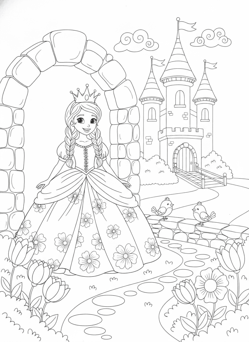 Princess at Fairy Tale Castle Coloring Page — free printable black-and-white coloring page