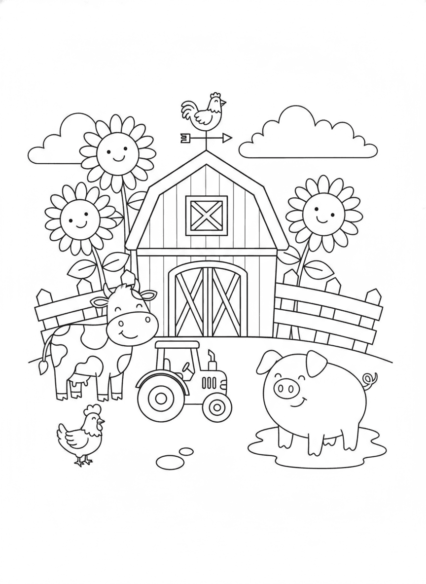 Happy Farm Scene Coloring Page — free printable black-and-white coloring page