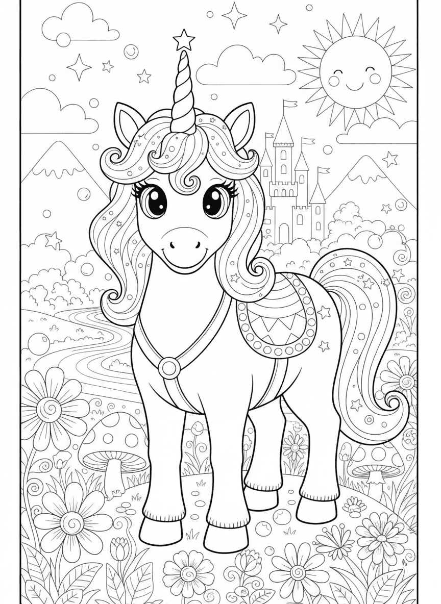 Friendly Unicorn Coloring Page — free printable black-and-white coloring page