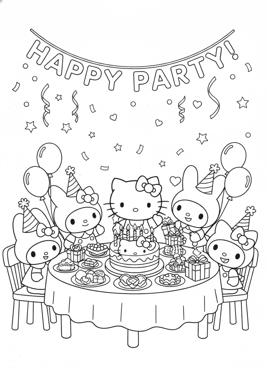Hello Kitty Party Coloring Page — free printable black-and-white coloring page