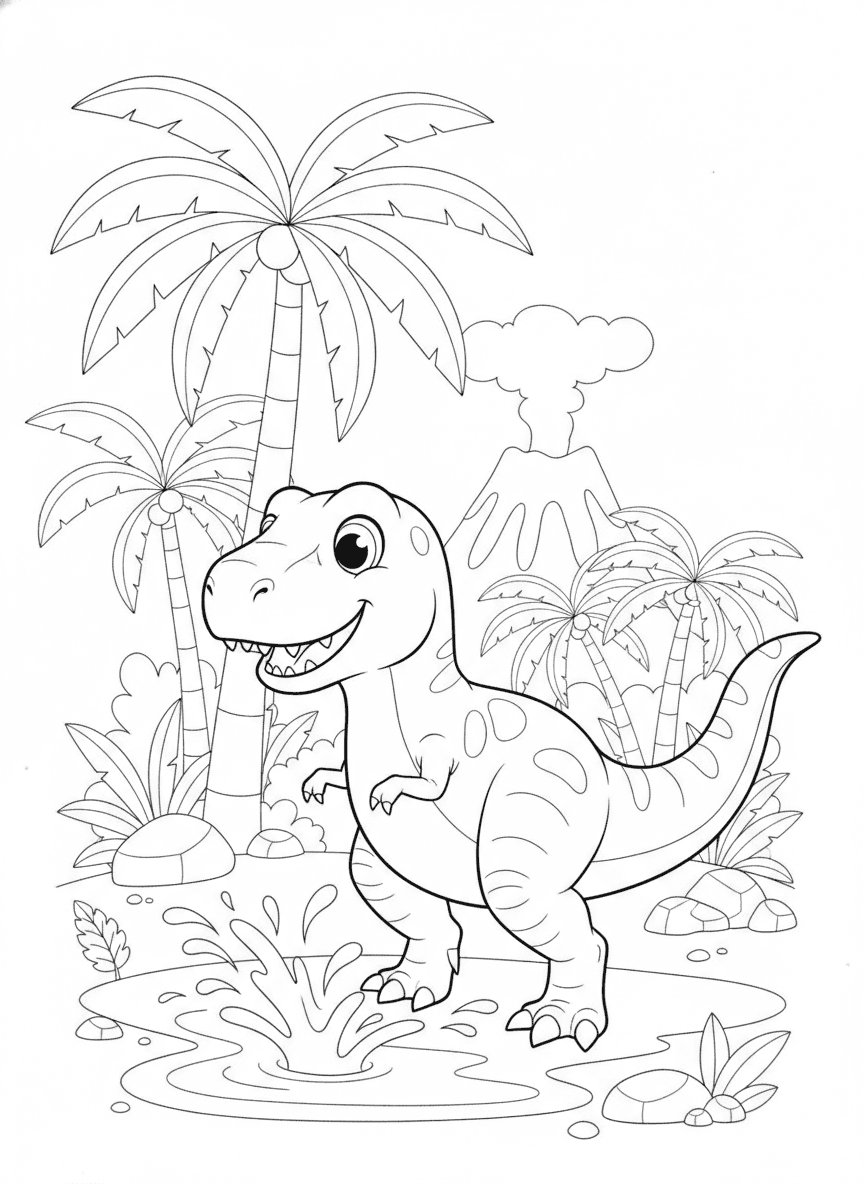 Friendly T-Rex Coloring Page — free printable black-and-white coloring page