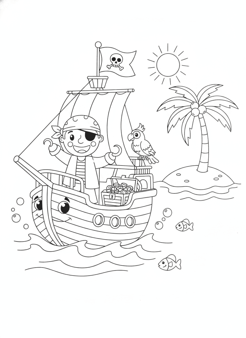 Fun Pirate Ship Coloring Page — free printable black-and-white coloring page