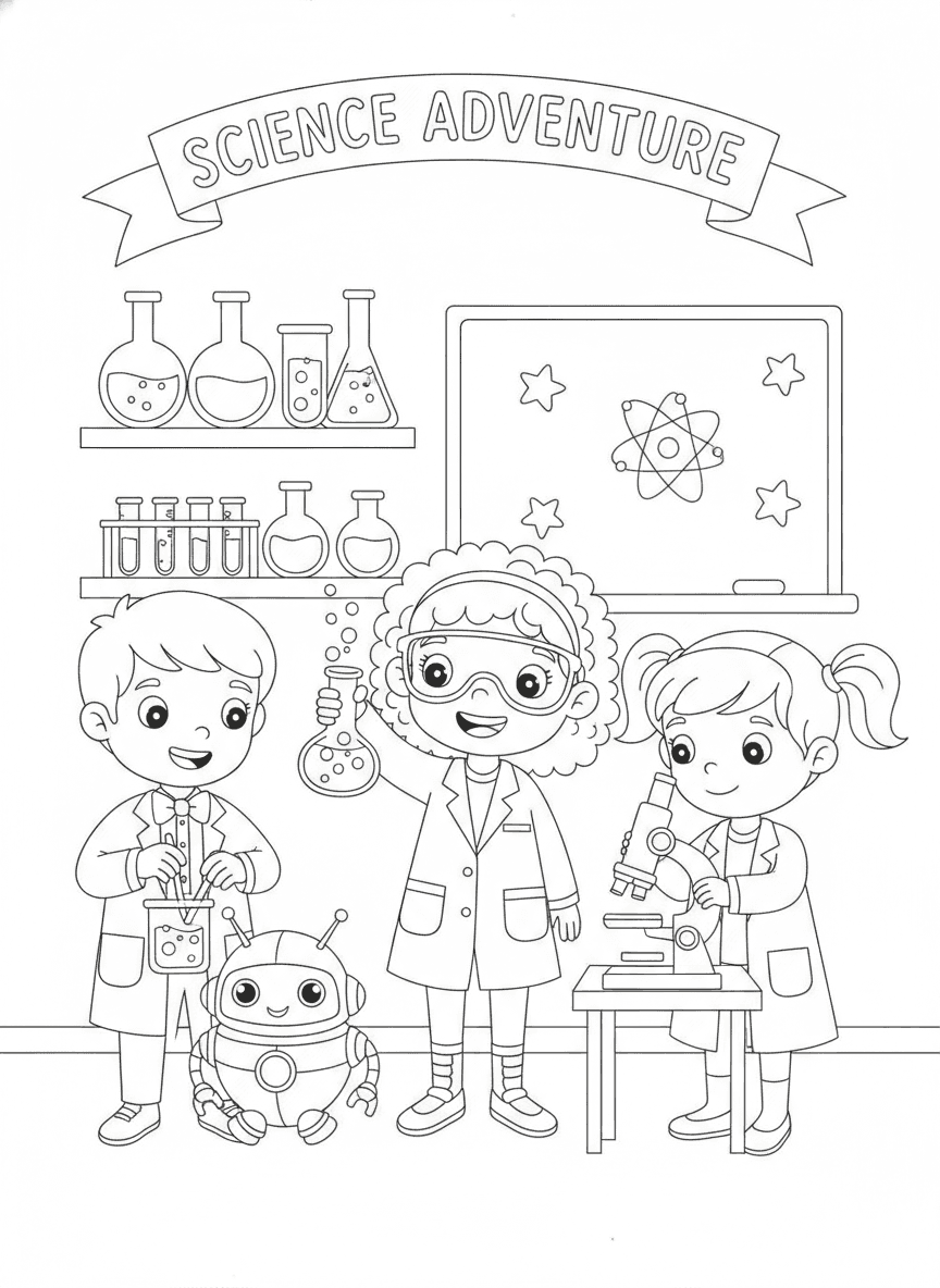 Little Scientists Coloring Page — free printable black-and-white coloring page