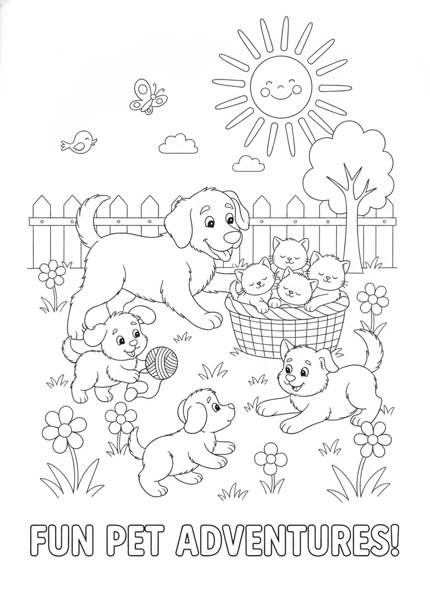 Playful Cats and Dogs Coloring Page — free printable black-and-white coloring page