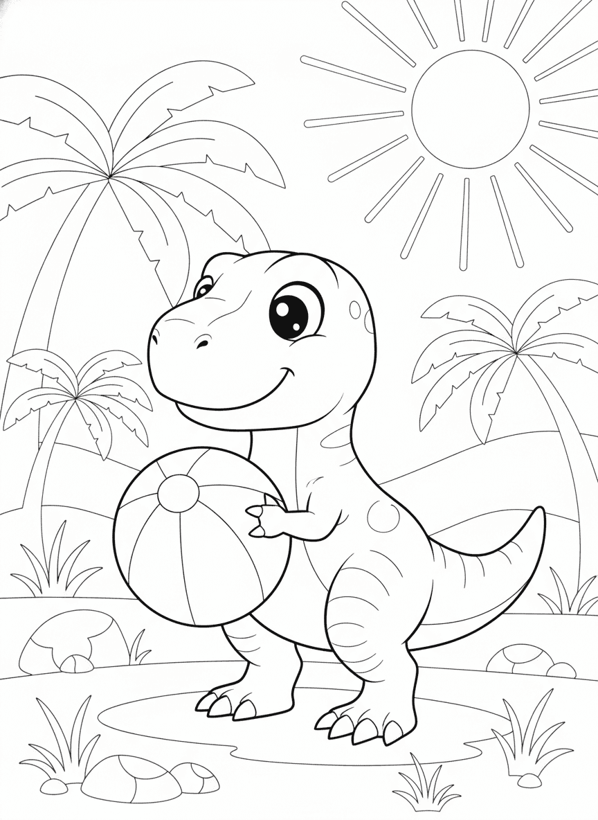 Baby T-Rex Playing With Beach Ball Coloring Page — free printable black-and-white coloring page