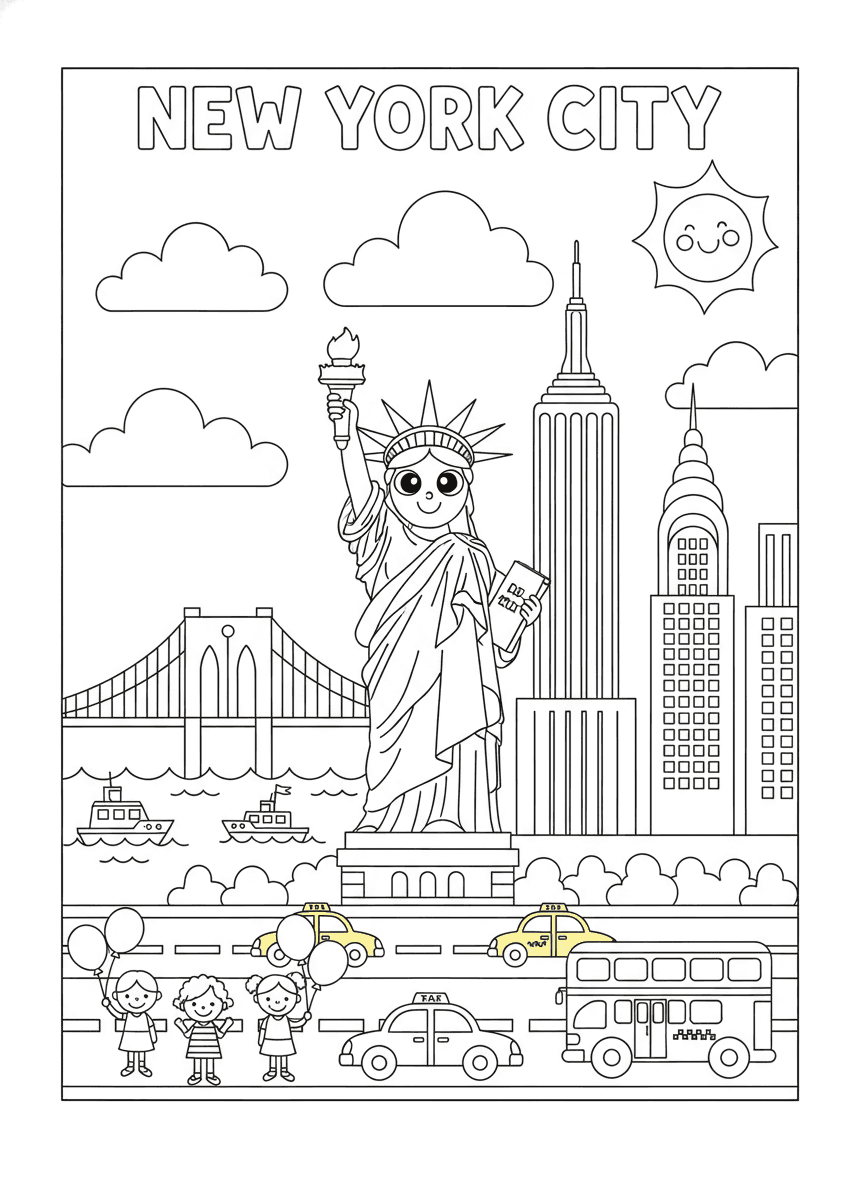 New York City Skyline Coloring Page — free printable black-and-white coloring page