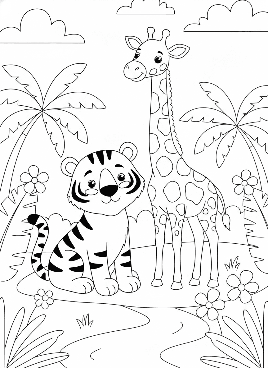 Tiger And Giraffe Coloring Page — free printable black-and-white coloring page