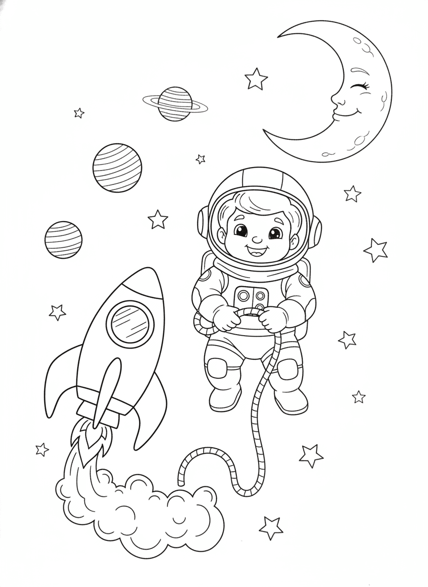Cute Astronaut Coloring Page — free printable black-and-white coloring page