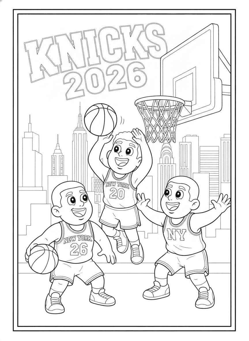 New York Knicks 2026 Game Coloring Page — free printable black-and-white coloring page