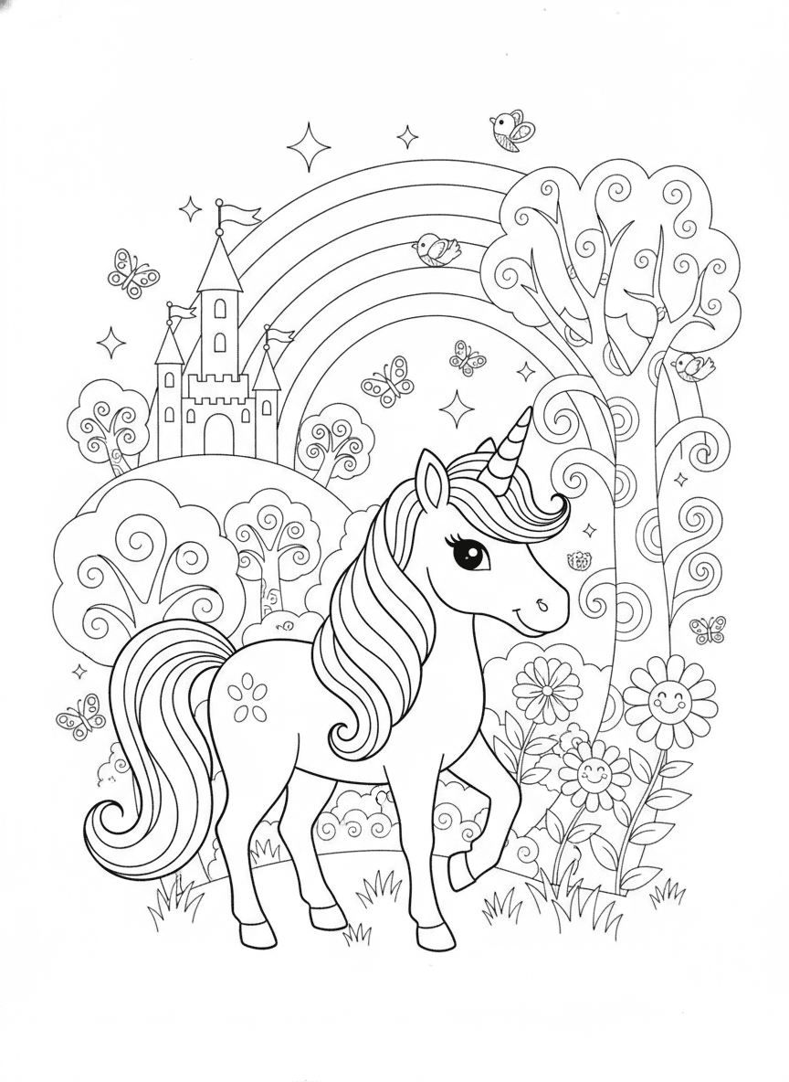 Magical Unicorns Coloring Page — free printable black-and-white coloring page