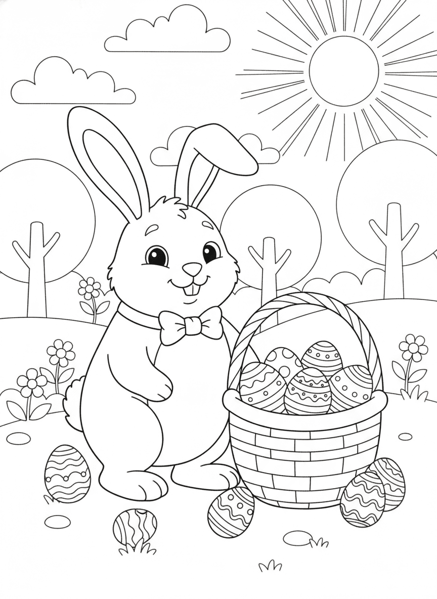 Cute Bunny Easter Coloring Page — free printable black-and-white coloring page