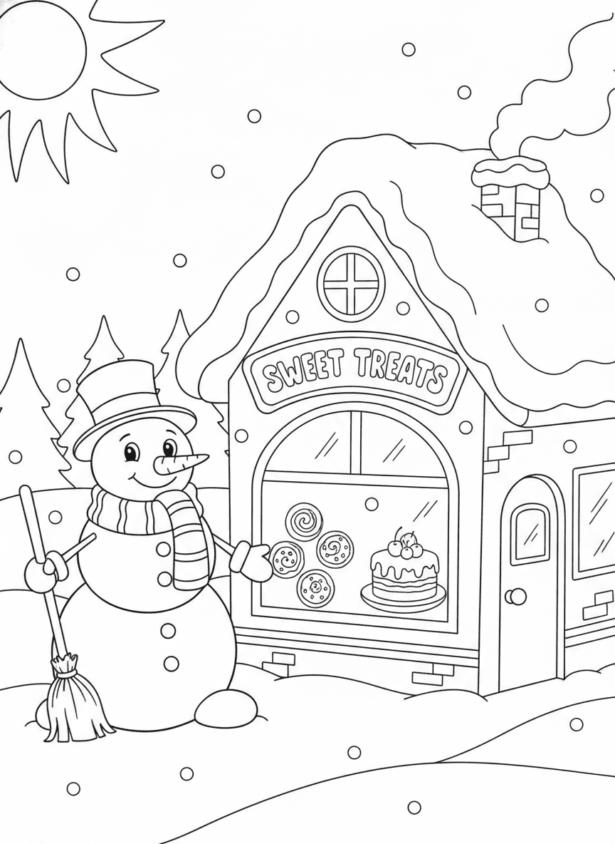 Snowman Next to a Bakery Coloring Page