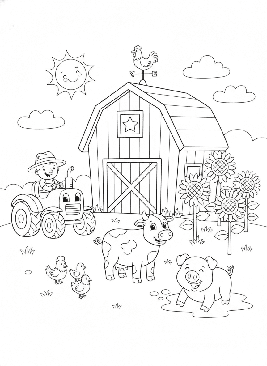 Happy Farm Scene Coloring Page — free printable black-and-white coloring page